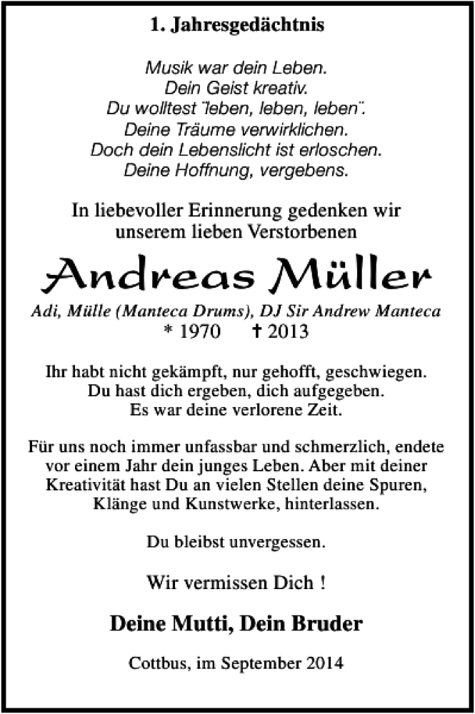  Traueranzeige für Andreas Müller vom 24.09.2014 aus Wochen Kurier