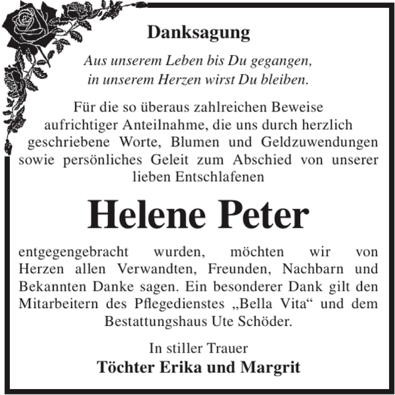 Traueranzeigen Von Helene Peter Wochenkurier Trauer