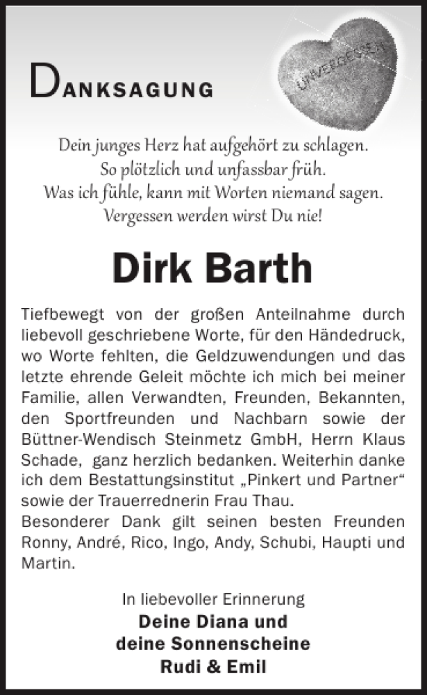 Traueranzeige für Dirk Barth vom 29.07.2015 aus WochenKurier