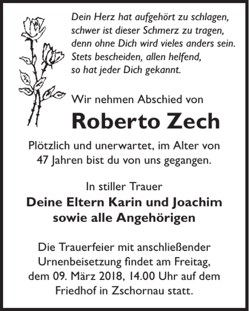  Traueranzeige für Roberto Zech vom 03.03.2018 aus Wochen Kurier