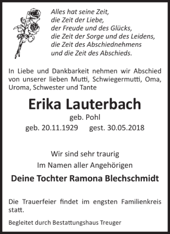 Traueranzeigen Von Erika Lauterbach WochenKurier Trauer