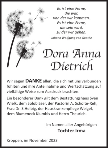Traueranzeige von Dora Anna Dietrich von Wochen Kurier