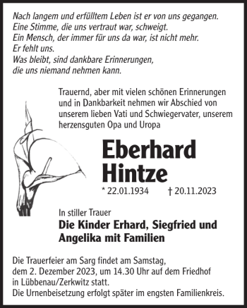 Traueranzeige von Eberhard Hintze von Wochen Kurier