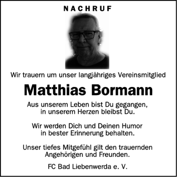 Traueranzeige von Matthias Bormann von Wochen Kurier