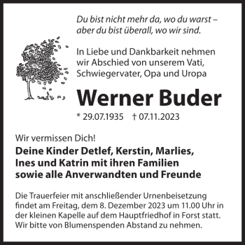 Traueranzeige von Werner Buder von Wochen Kurier