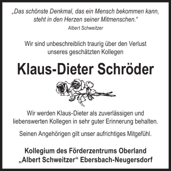 Traueranzeige von Klaus-Dieter Schröder von Wochen Kurier