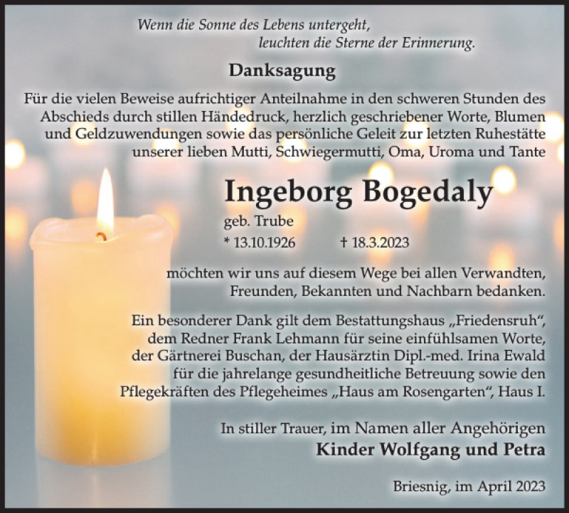 Traueranzeigen Von Ingeborg Bogedaly Wochenkurier Trauer