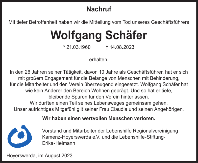 Traueranzeigen von Wolfgang Schäfer WochenKurier Trauer