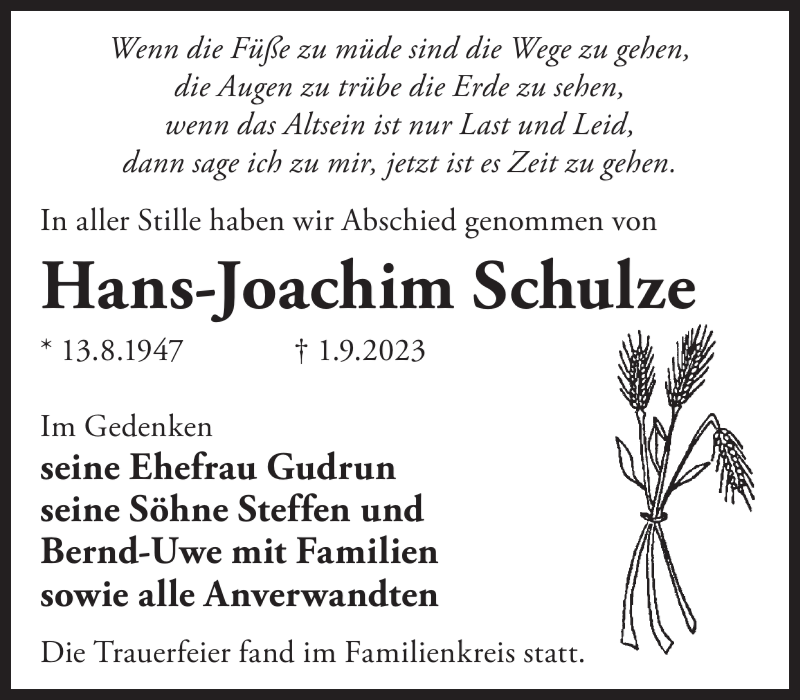 Traueranzeigen Von Hans Joachim Schulze WochenKurier Trauer