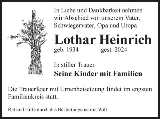 Traueranzeige von Lothar Heinrich von WochenKurier