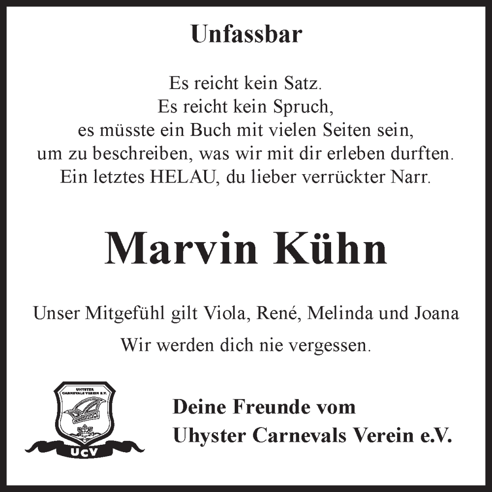 Traueranzeigen von Marvin Kühn WochenKurier Trauer