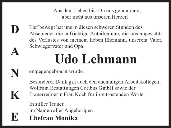 Traueranzeige von Udo Lehmann von WochenKurier