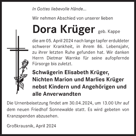 Traueranzeige von Dora Krüger von WochenKurier