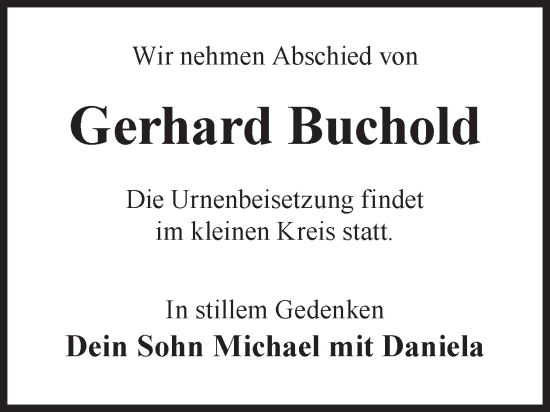 Traueranzeige von Gerhard Buchold von WochenKurier