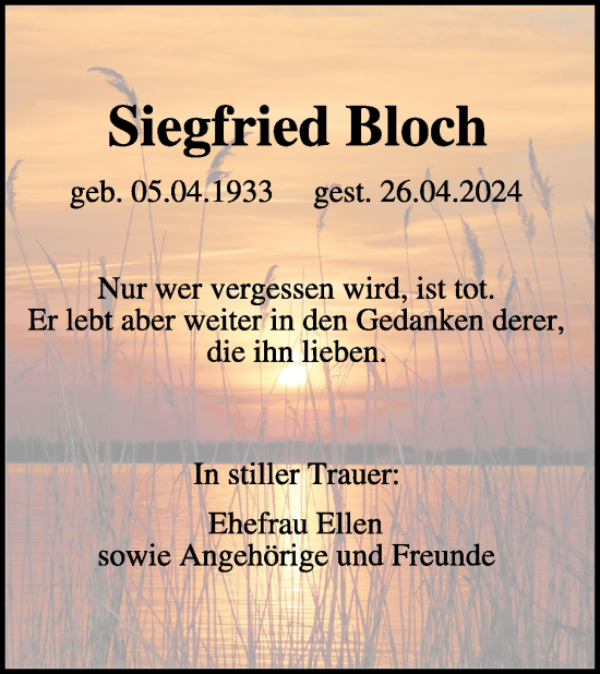 Traueranzeige von Siegfried Bloch von WochenKurier