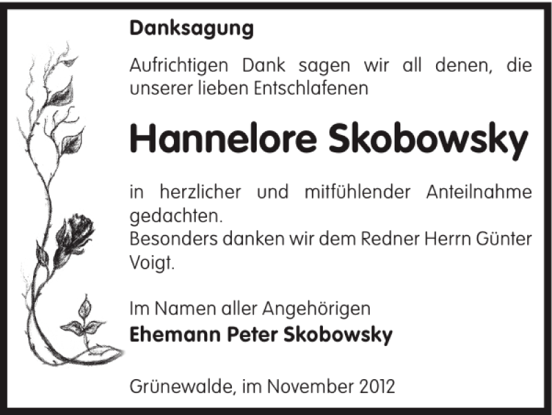  Traueranzeige für Hannelore Skobowsky vom 14.11.2012 aus WochenKurier