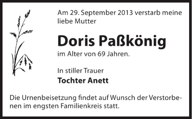  Traueranzeige für Doris Paßkönig vom 02.10.2013 aus WochenKurier