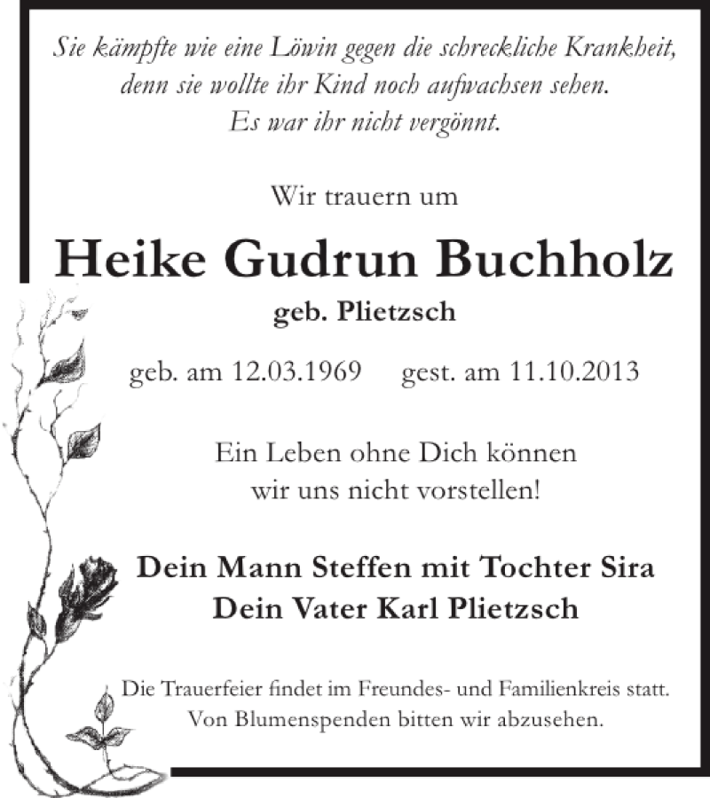  Traueranzeige für Heike Gudrun Buchholz vom 16.10.2013 aus WochenKurier