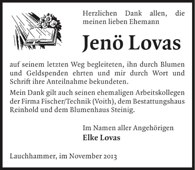  Traueranzeige für Jenö Lovas vom 13.11.2013 aus Wochen Kurier