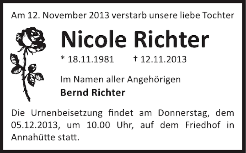  Traueranzeige für Nicole Richter vom 27.11.2013 aus WochenKurier