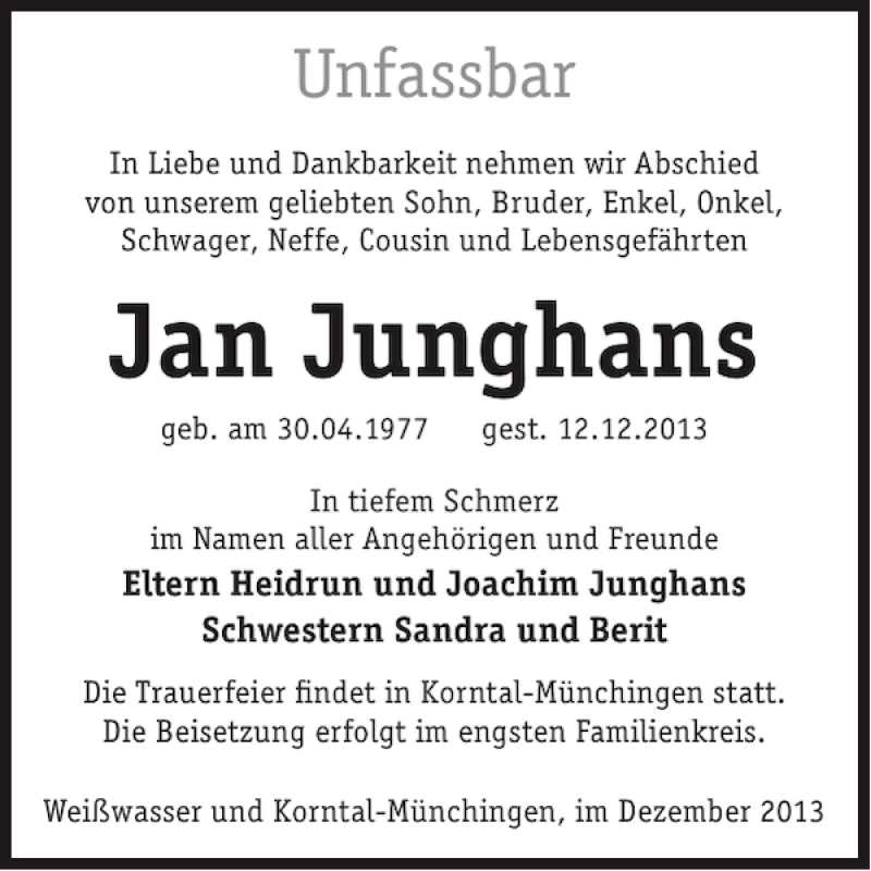  Traueranzeige für Jan Junghans vom 18.12.2013 aus Wochen Kurier