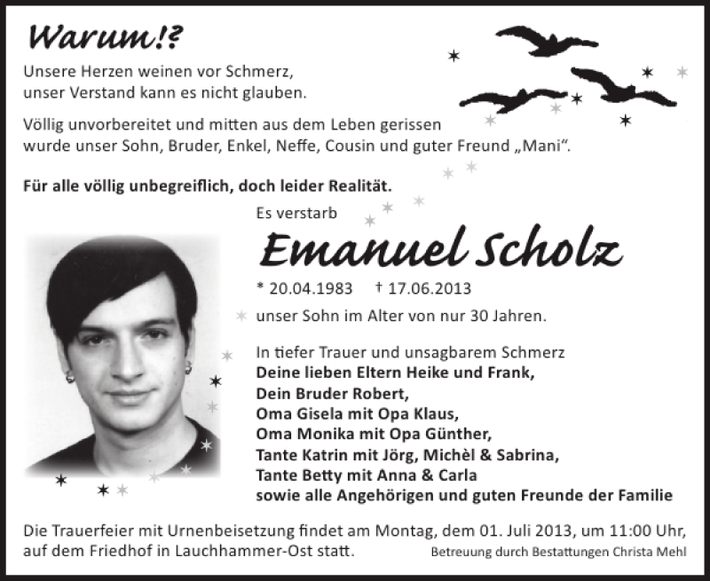  Traueranzeige für Emanuel Scholz vom 26.06.2013 aus Wochen Kurier