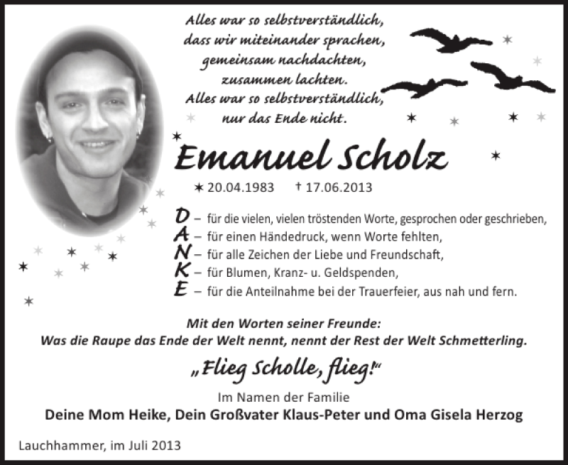 Traueranzeige für Emanuel Scholz vom 10.07.2013 aus Wochen Kurier