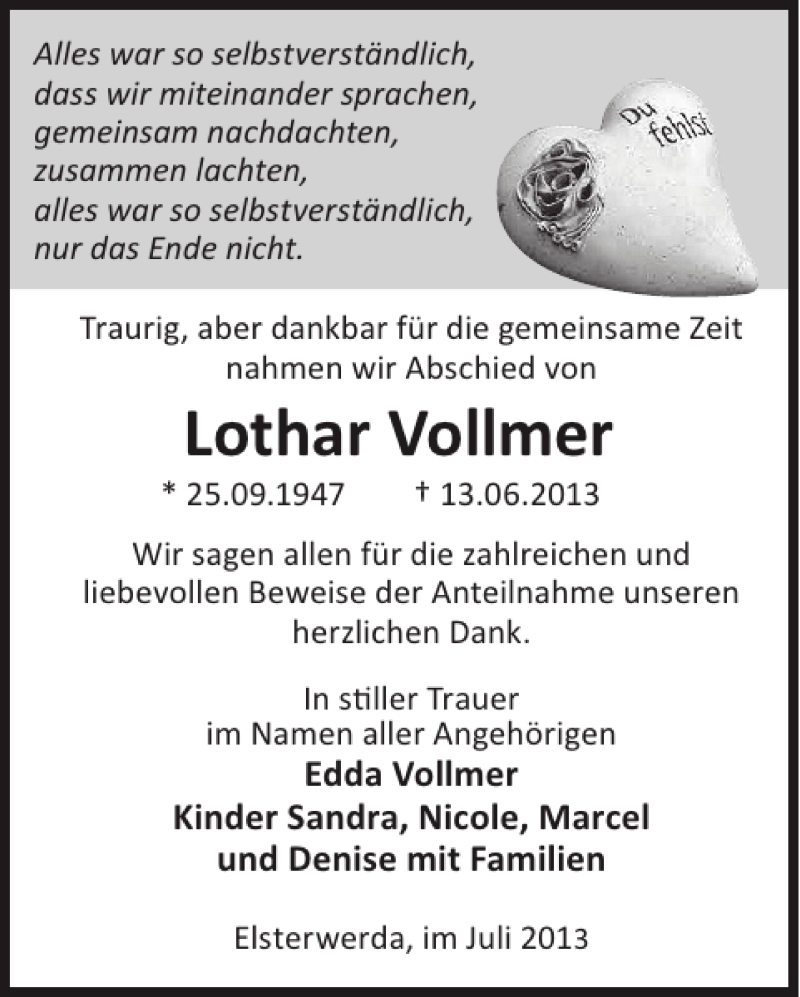 Traueranzeige für Lothar Vollmer vom 24.07.2013 aus WochenKurier