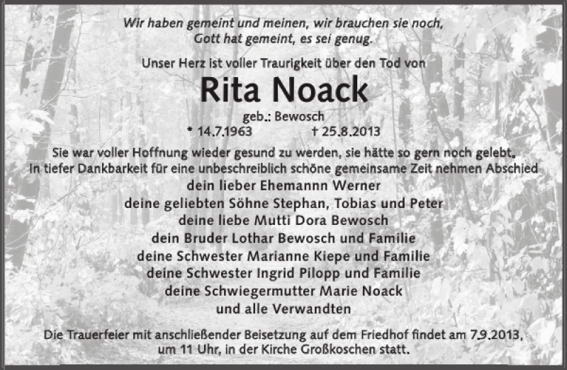  Traueranzeige für Rita Noack vom 04.09.2013 aus WochenKurier