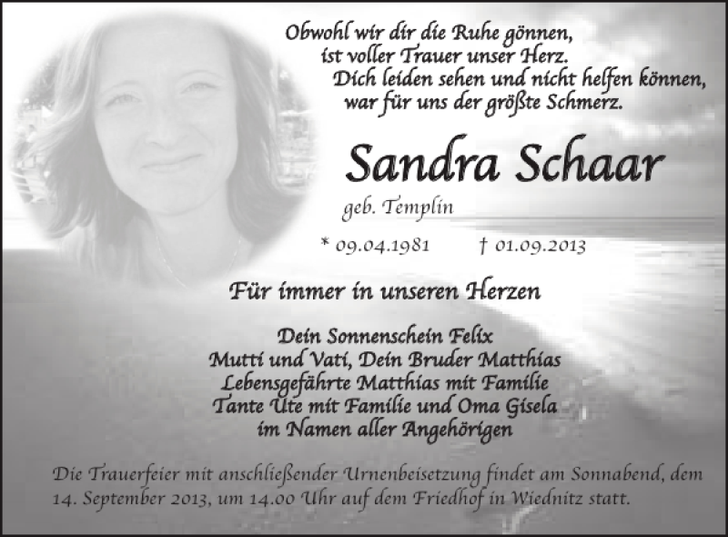  Traueranzeige für Sandra Schaar vom 11.09.2013 aus Wochen Kurier