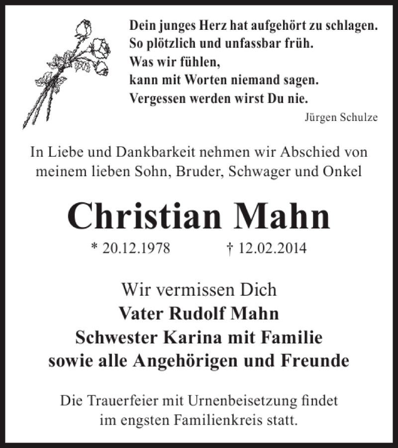  Traueranzeige für Christian Mahn vom 26.02.2014 aus WochenKurier