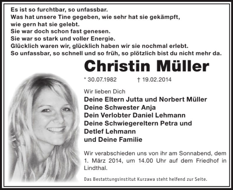  Traueranzeige für Christin Müller vom 26.02.2014 aus WochenKurier