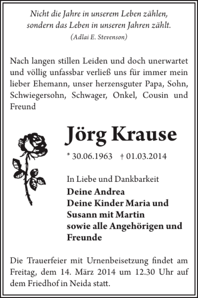  Traueranzeige für Jörg Krause vom 12.03.2014 aus WochenKurier