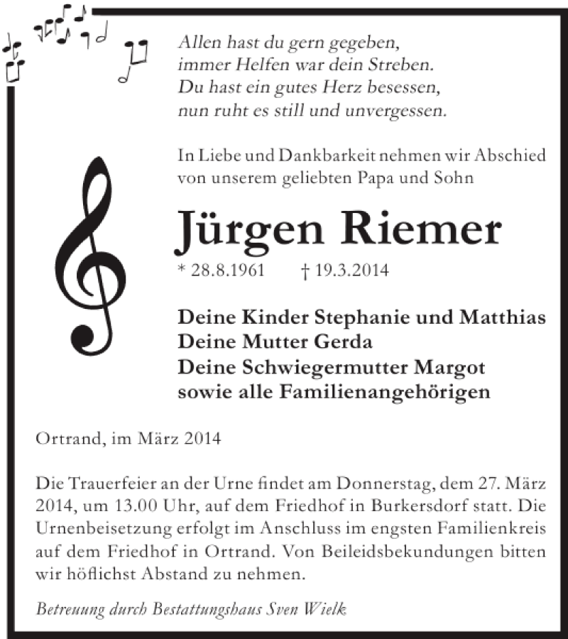  Traueranzeige für Jürgen Riemer vom 26.03.2014 aus Wochen Kurier