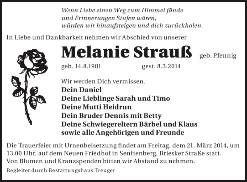  Traueranzeige für Melanie Strauß vom 12.03.2014 aus WochenKurier