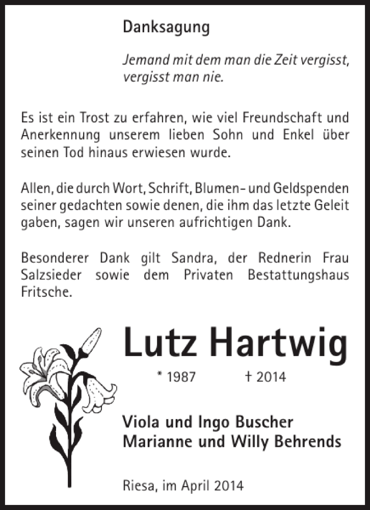  Traueranzeige für Lutz Hartwig vom 30.04.2014 aus WochenKurier