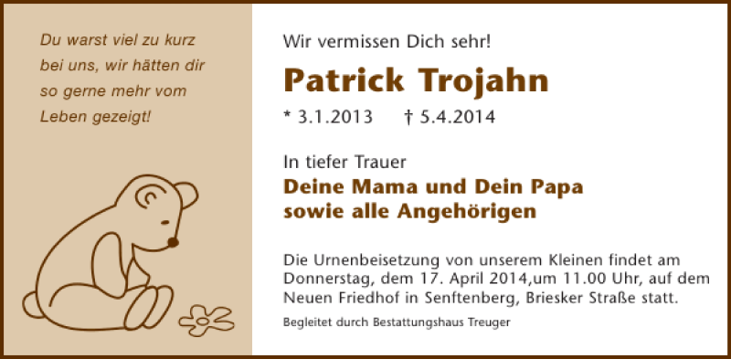  Traueranzeige für Patrick Trojahn vom 16.04.2014 aus WochenKurier
