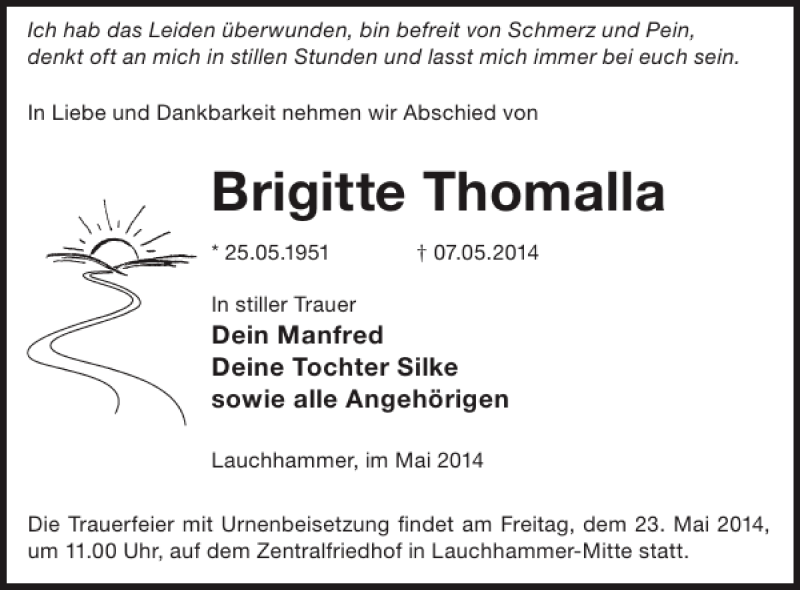  Traueranzeige für Brigitte Thomalla vom 14.05.2014 aus WochenKurier