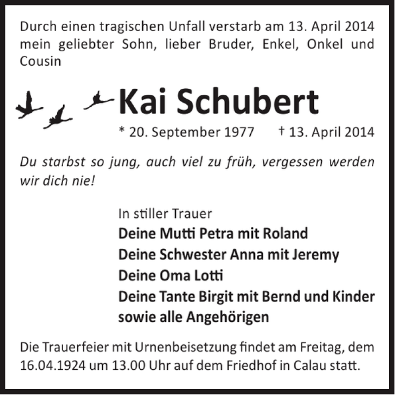  Traueranzeige für Kai Schubert vom 14.05.2014 aus WochenKurier