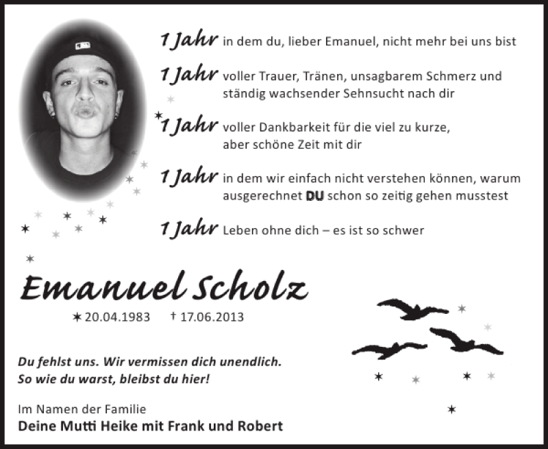  Traueranzeige für Emanuel Scholz vom 18.06.2014 aus Wochen Kurier