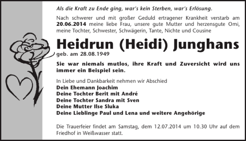 Traueranzeigen von Heidrun Heidi Junghans WochenKurier Trauer