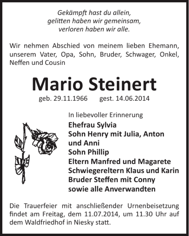  Traueranzeige für Mario Steinert vom 18.06.2014 aus WochenKurier