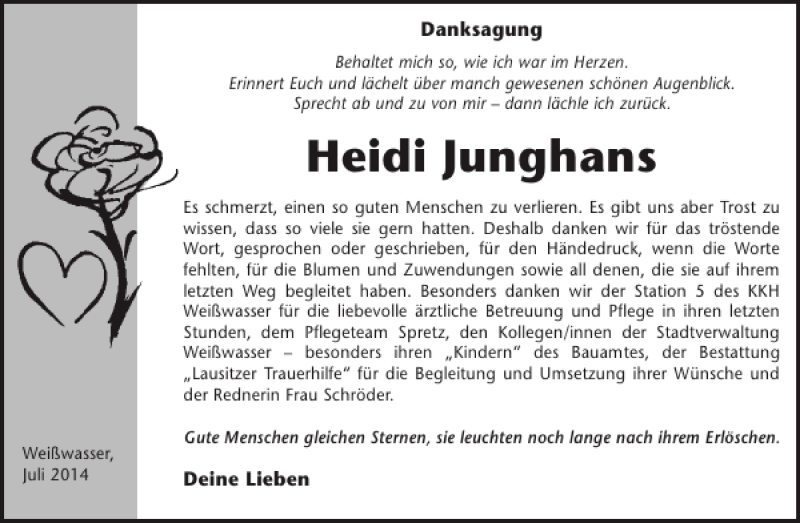 Traueranzeigen von Heidi Junghans WochenKurier Trauer