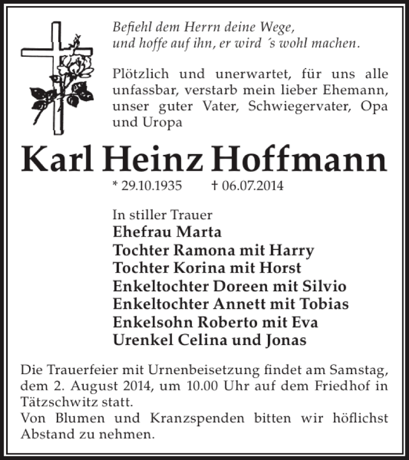 Traueranzeige für Karl Heinz Hoffmann vom 23.07.2014 aus WochenKurier