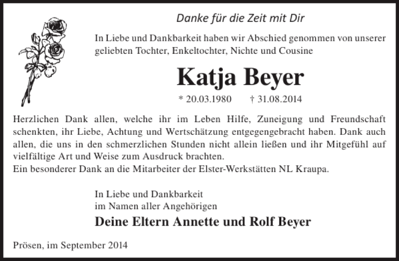 Traueranzeige für Katja Beyer vom 10.09.2014 aus Wochen Kurier