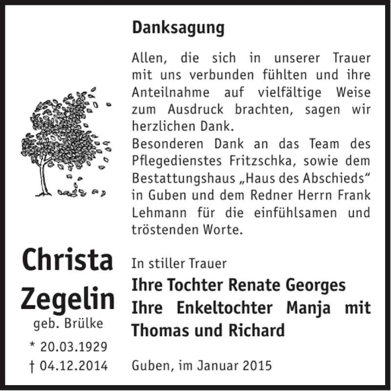  Traueranzeige für Christa Zegelin vom 14.01.2015 aus WochenKurier