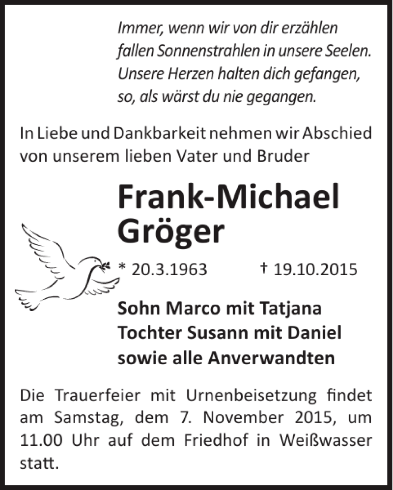  Traueranzeige für Frank-Michael Gröger vom 31.10.2015 aus WochenKurier