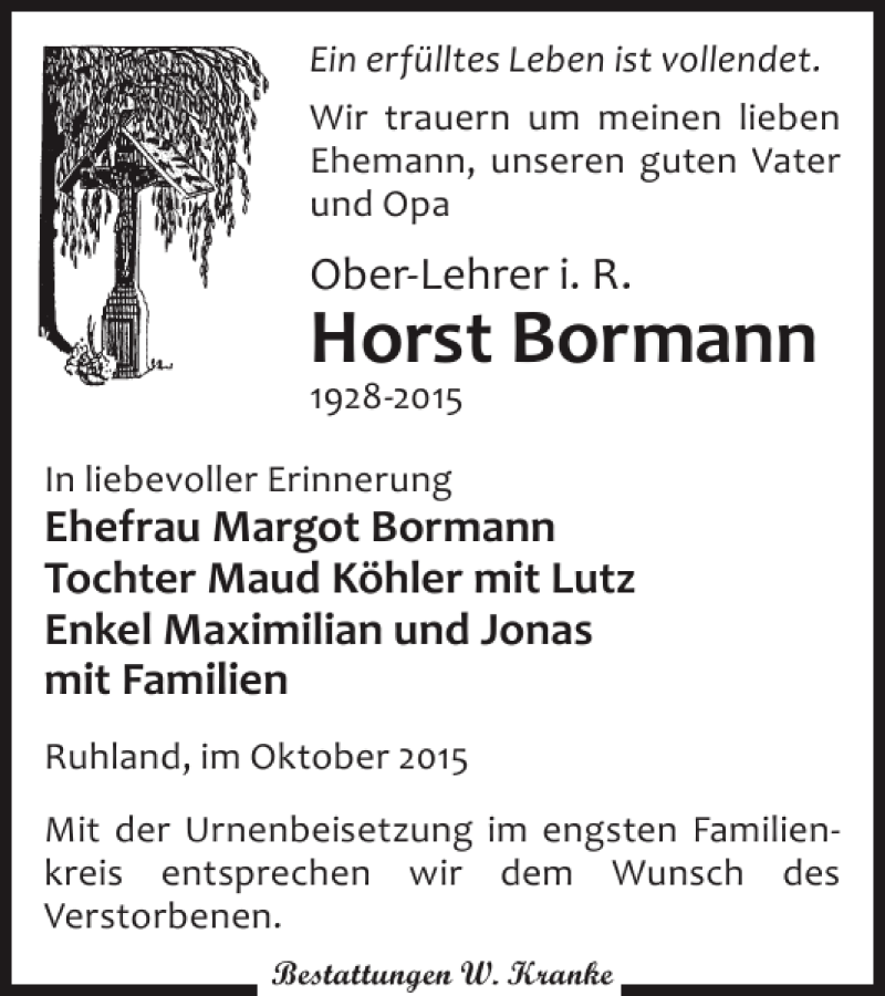  Traueranzeige für Horst Bormann vom 04.11.2015 aus WochenKurier