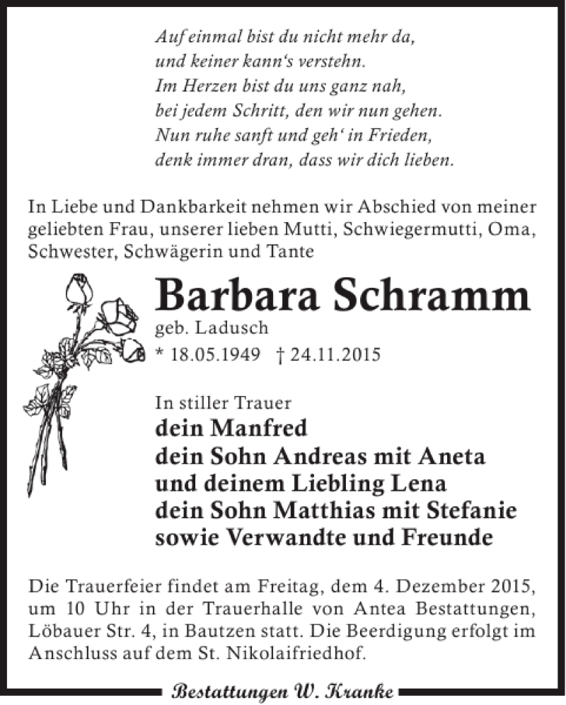  Traueranzeige für Barbara Schramm vom 02.12.2015 aus WochenKurier