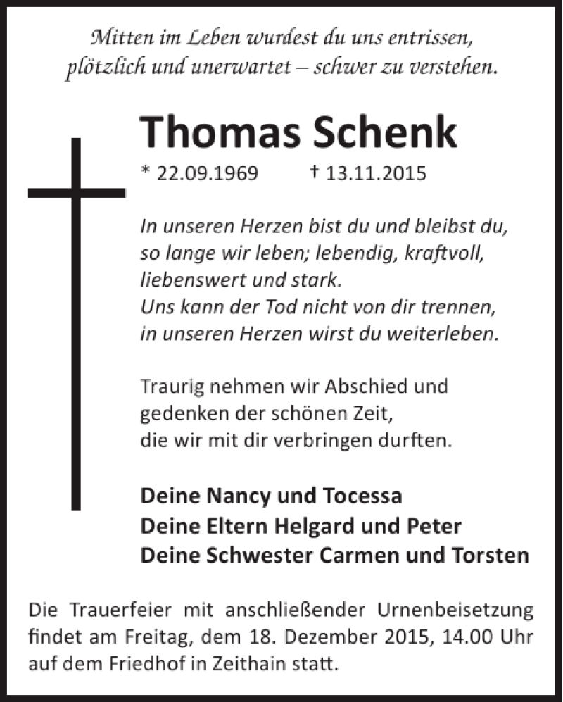  Traueranzeige für Thomas Schenk vom 02.12.2015 aus WochenKurier